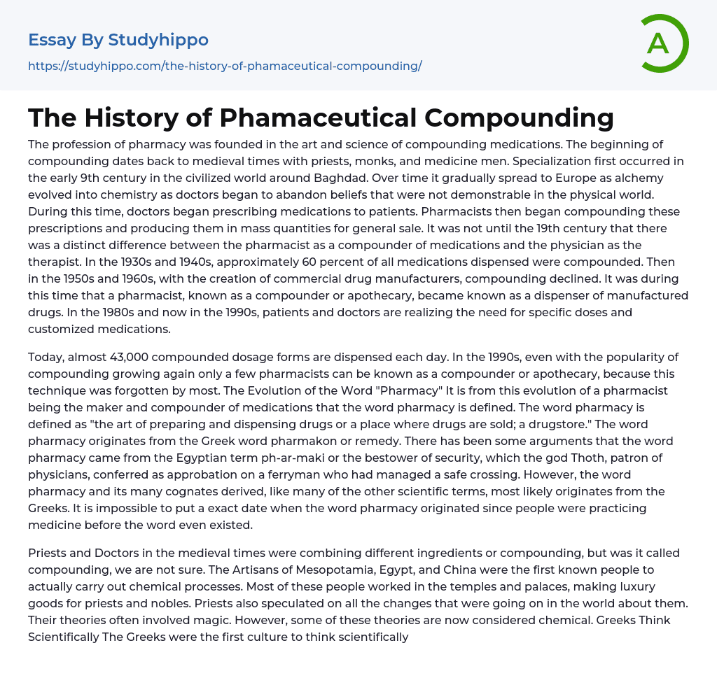 The History of Phamaceutical Compounding Essay Example