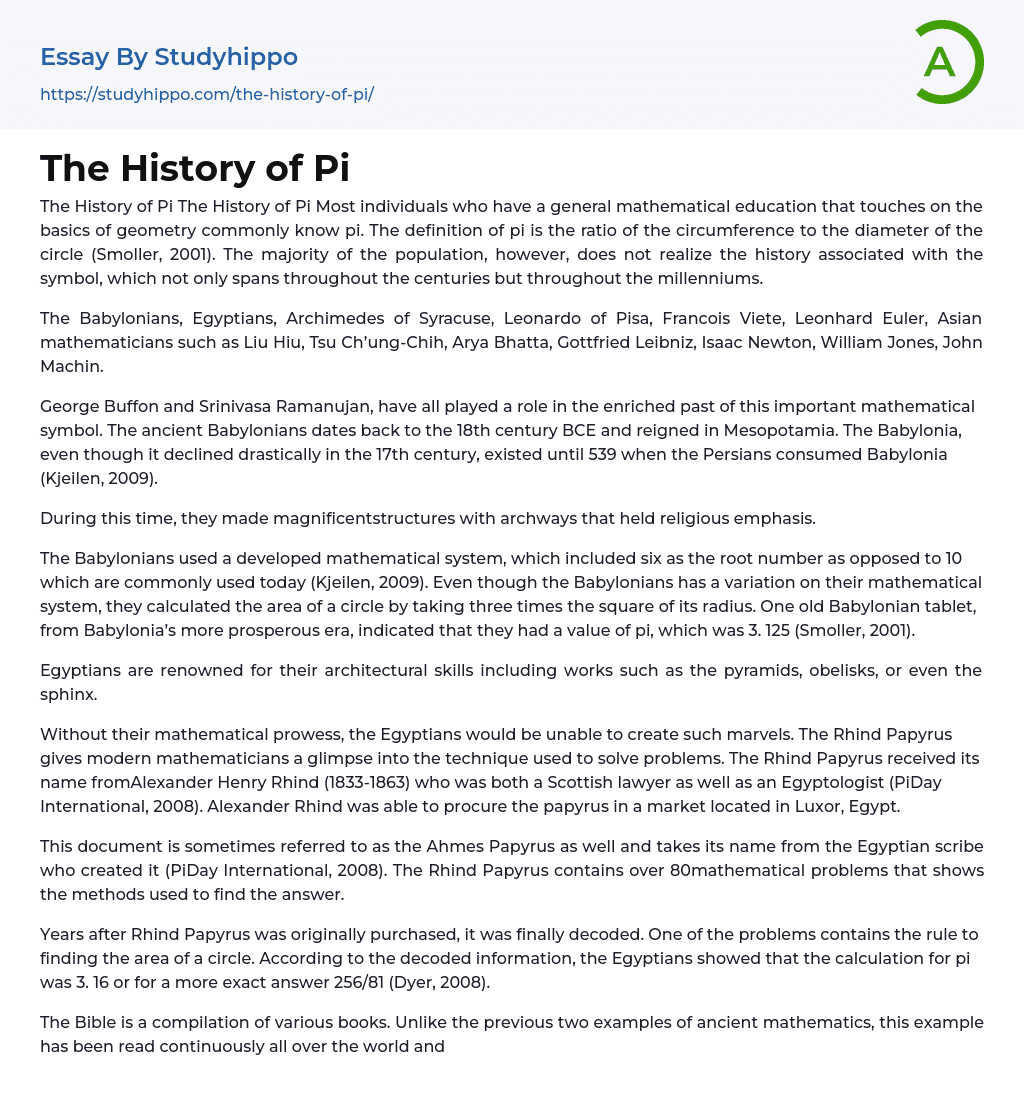 The History of Pi Essay Example