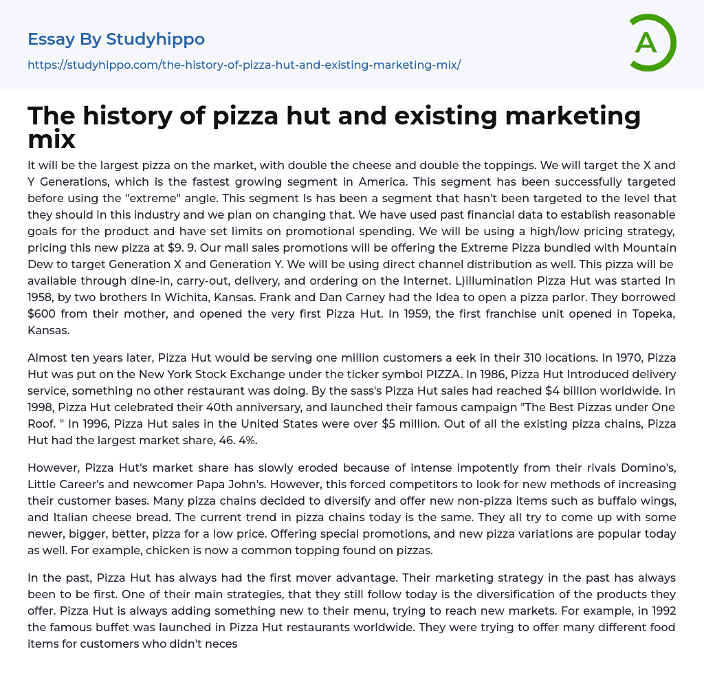 The history of pizza hut and existing marketing mix Essay Example