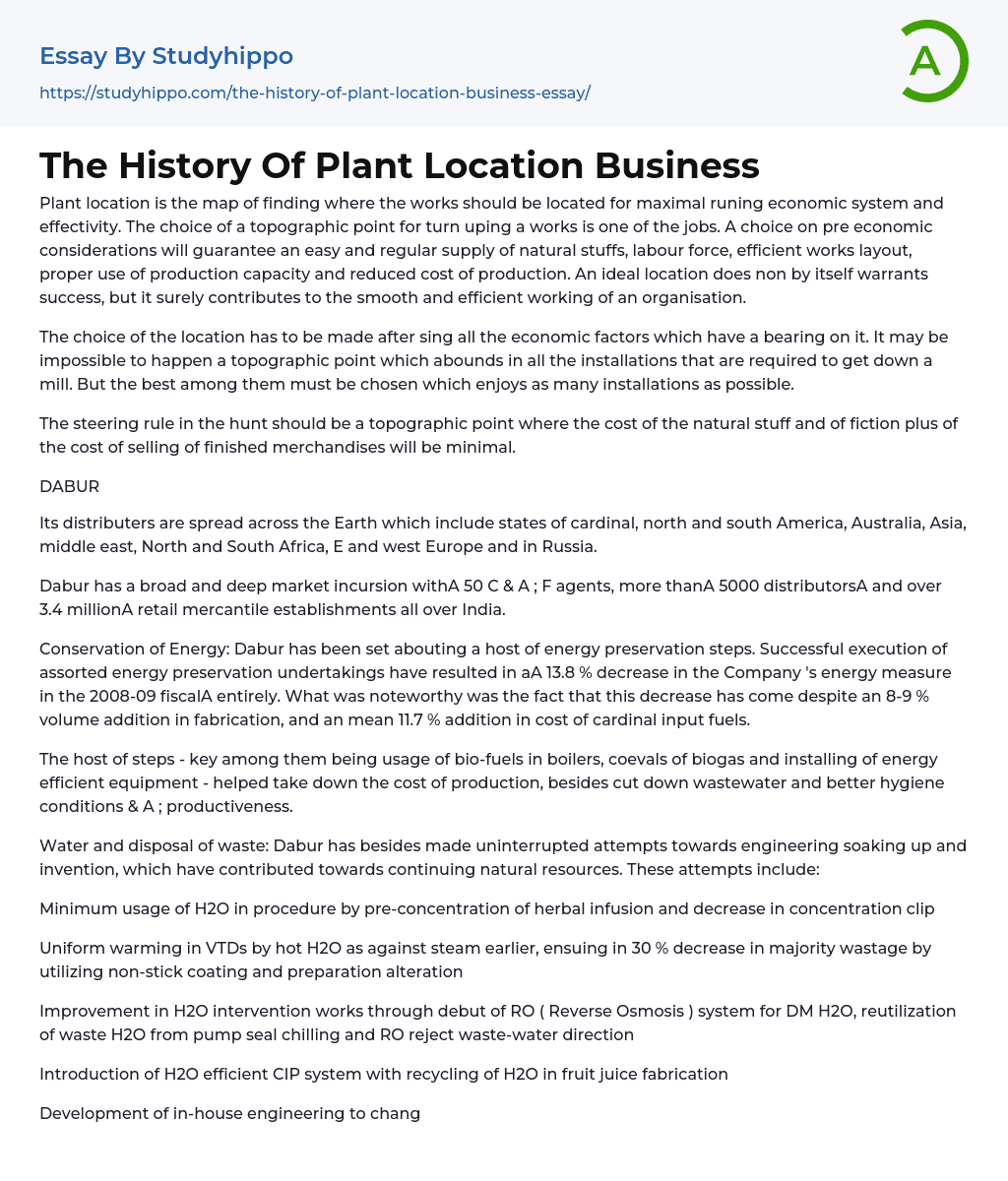 The History Of Plant Location Business Essay Example