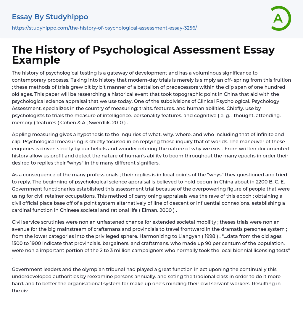 The History of Psychological Assessment Essay Example