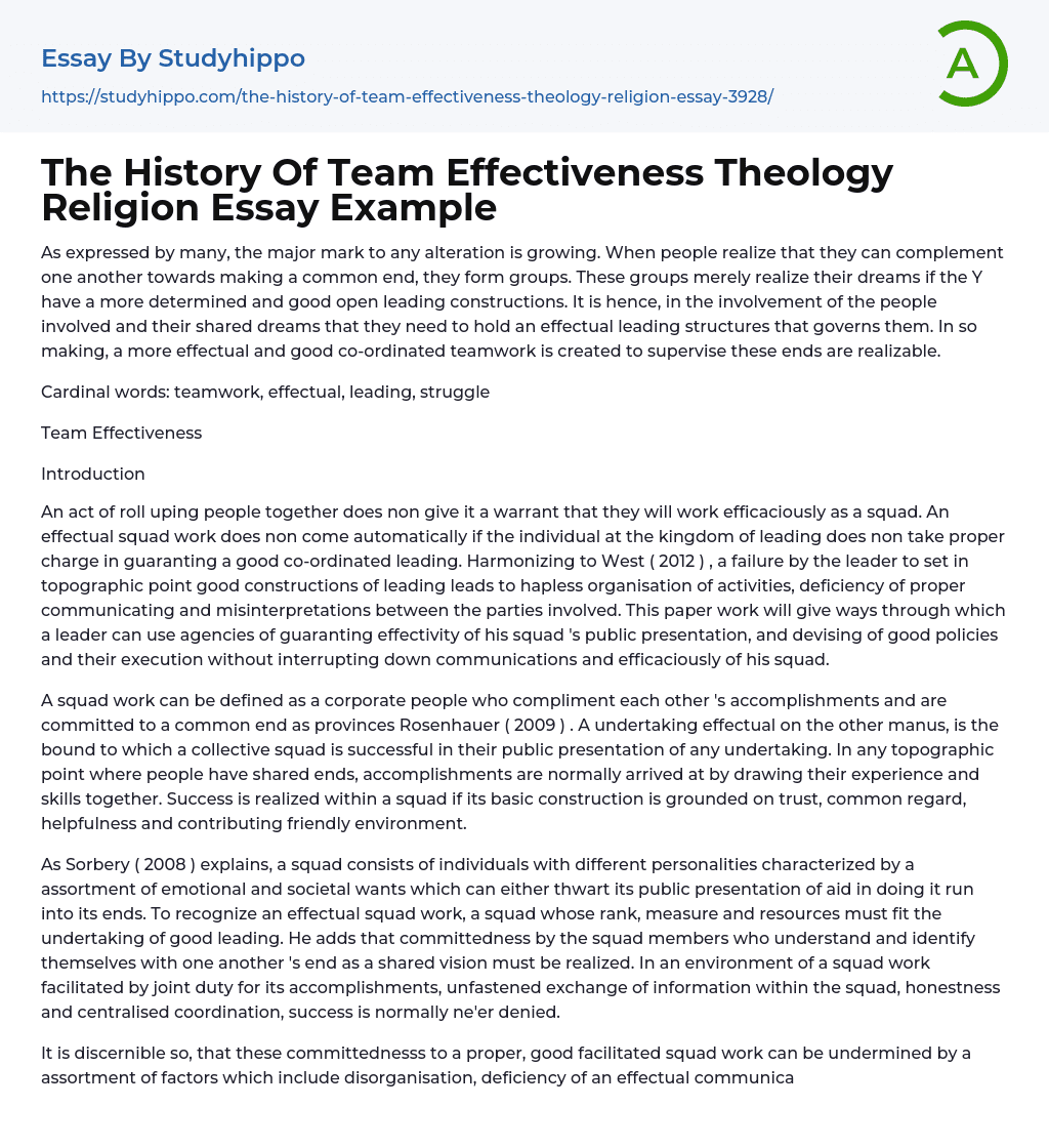 The History Of Team Effectiveness Theology Religion Essay Example