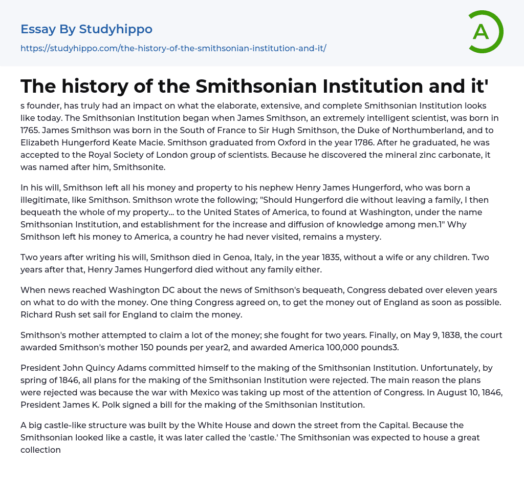 The history of the Smithsonian Institution and it’ Essay Example