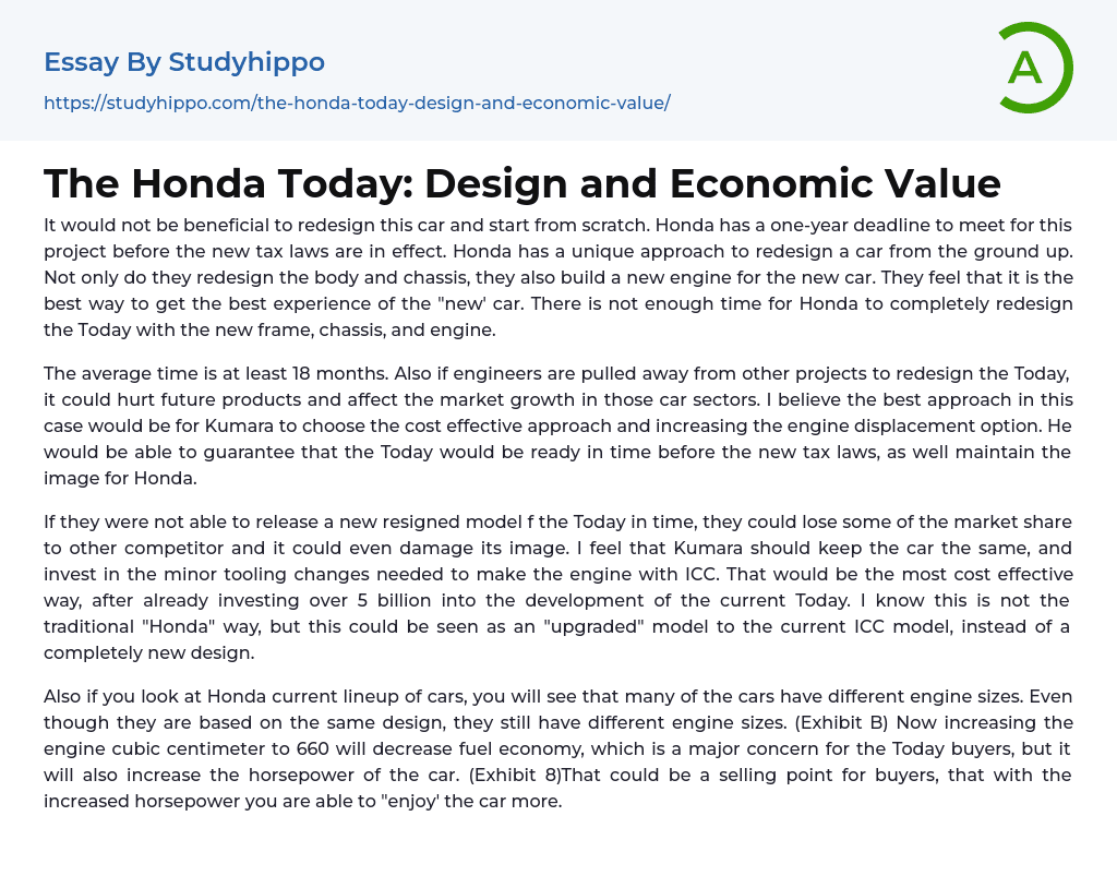 The Honda Today: Design and Economic Value Essay Example