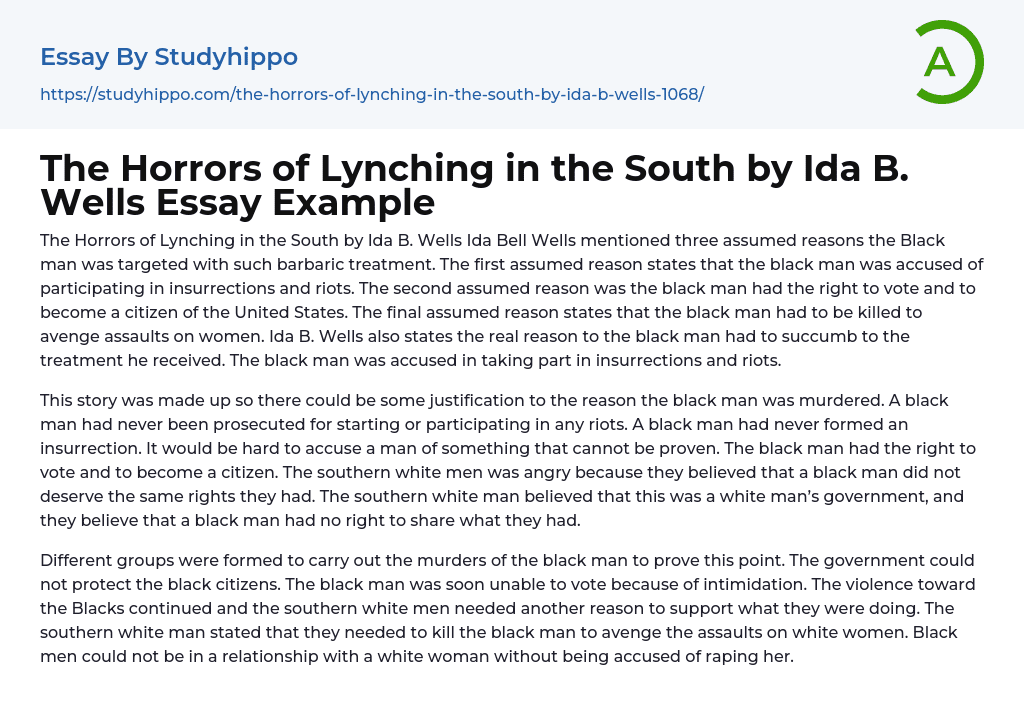 The Horrors of Lynching in the South by Ida B. Wells Essay Example