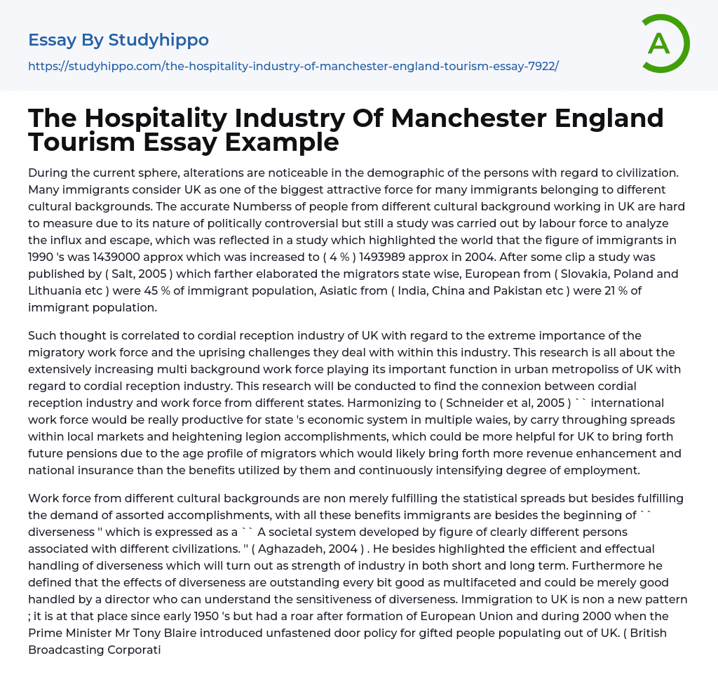 The Hospitality Industry Of Manchester England Tourism Essay Example