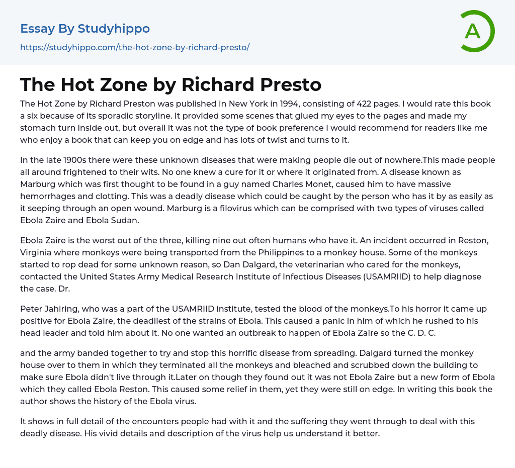 The Hot Zone by Richard Presto Essay Example
