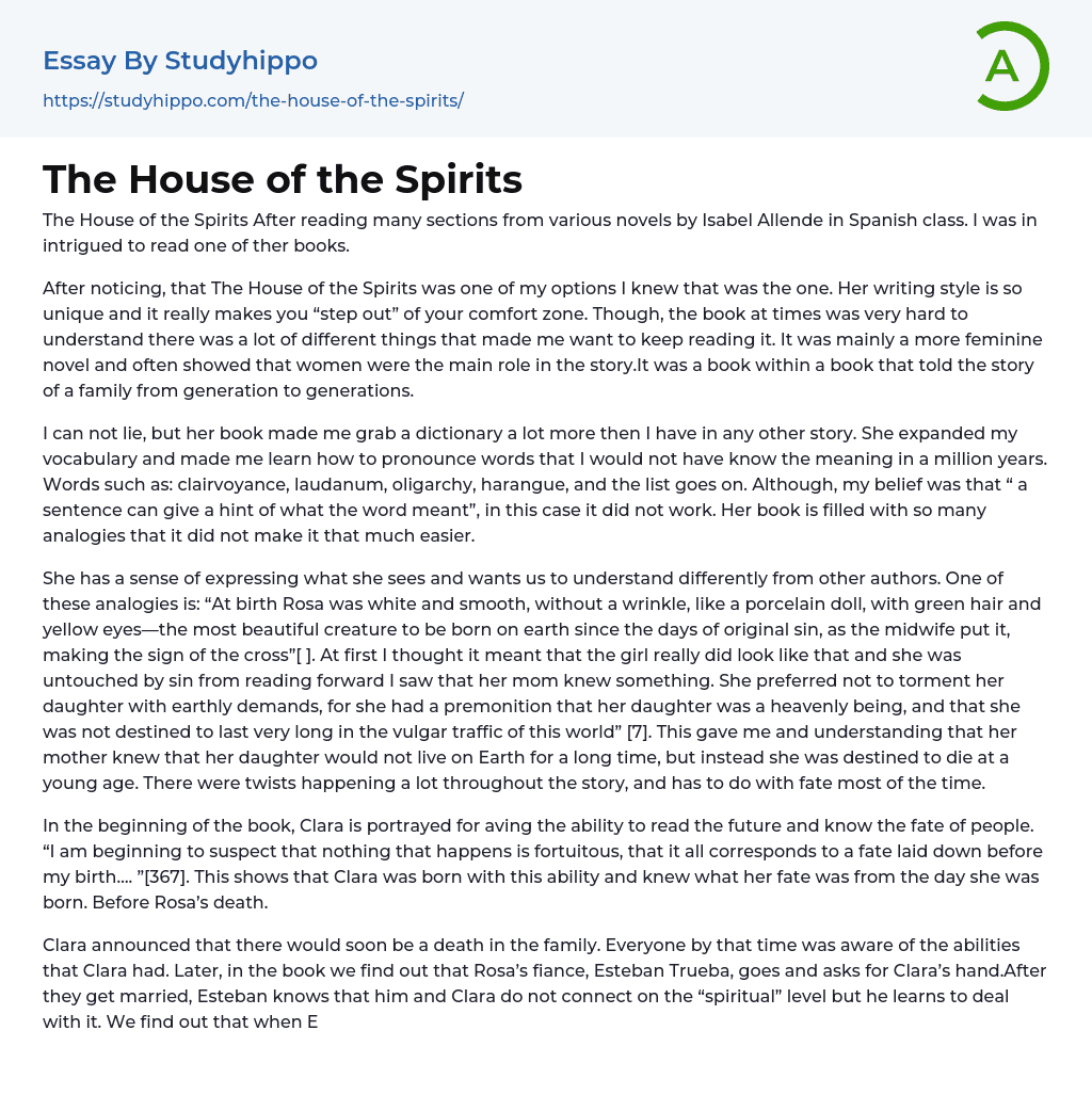 The House of the Spirits Essay Example