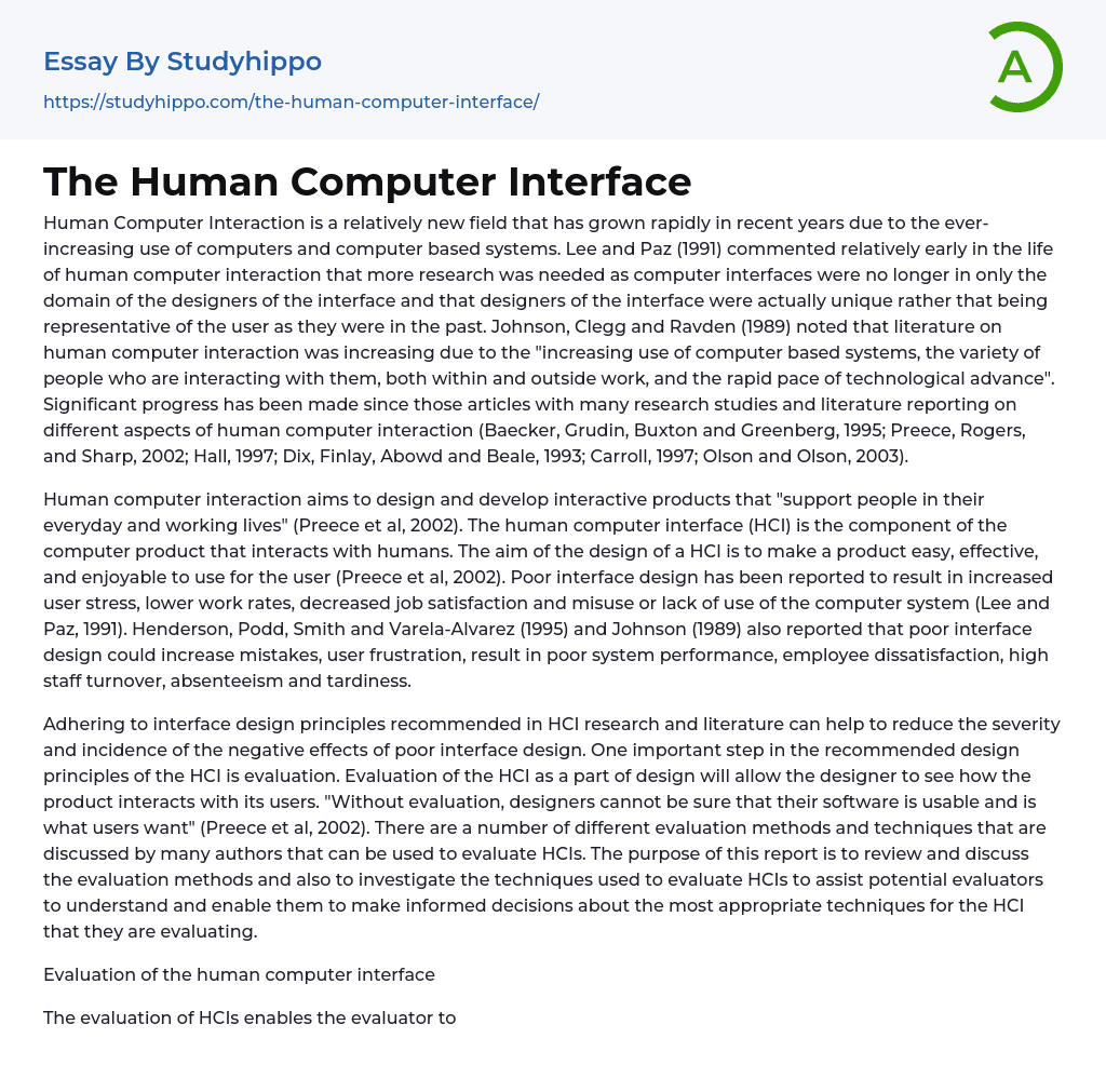 The Human Computer Interface Essay Example