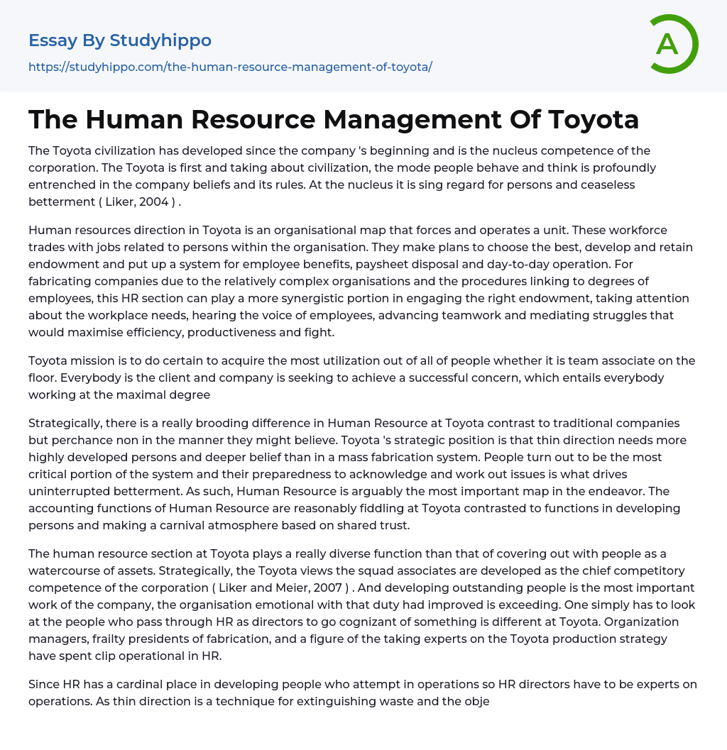 The Human Resource Management Of Toyota Essay Example