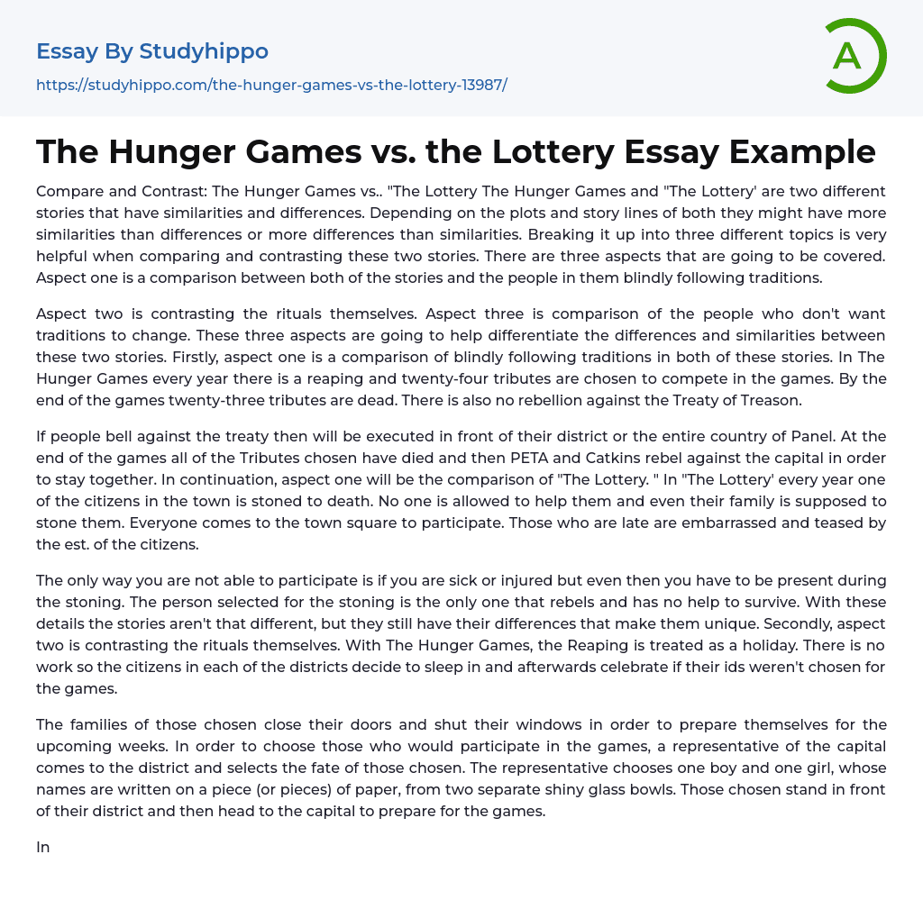 The Hunger Games vs. the Lottery Essay Example