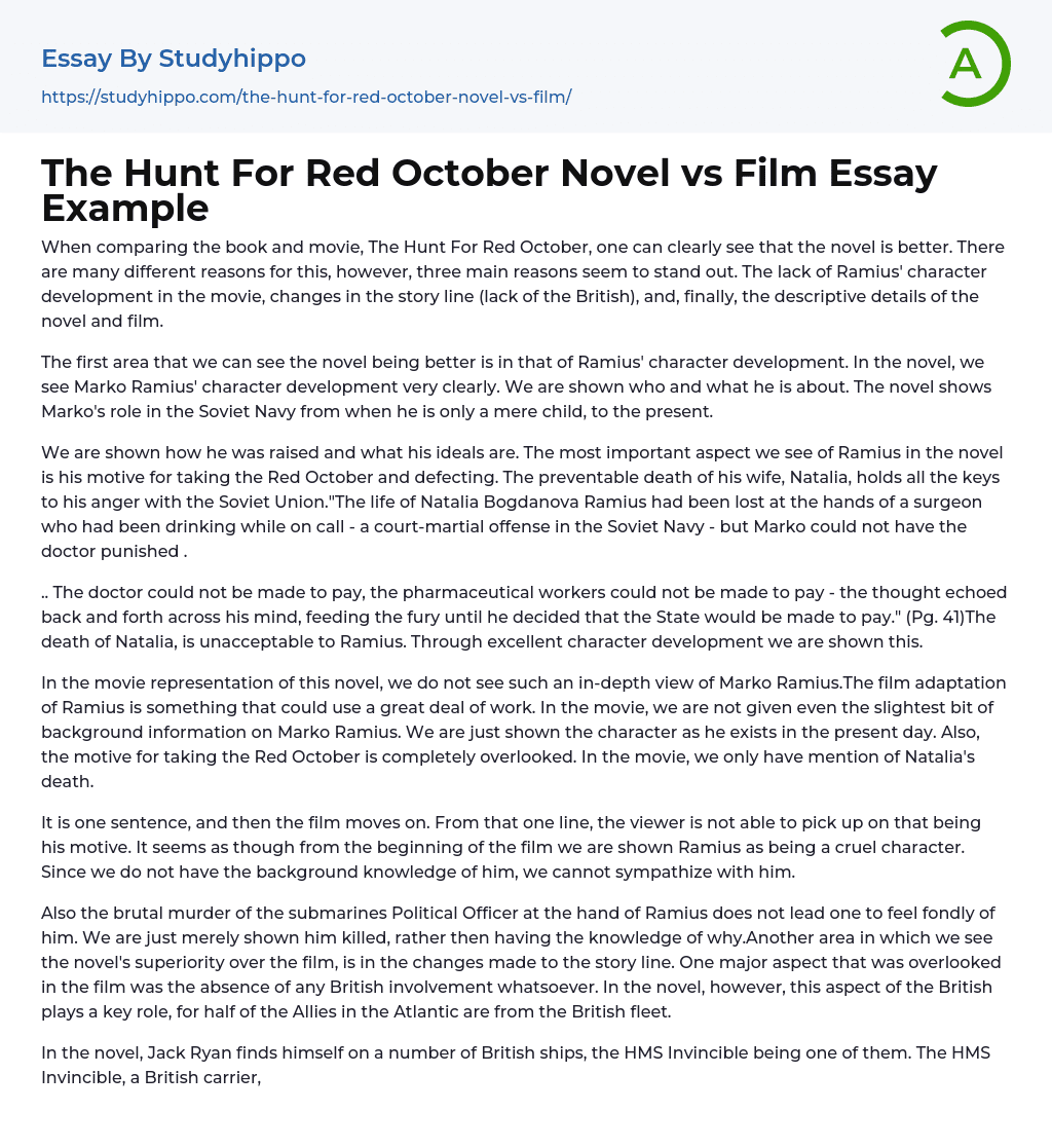 The Hunt For Red October Novel vs Film Essay Example
