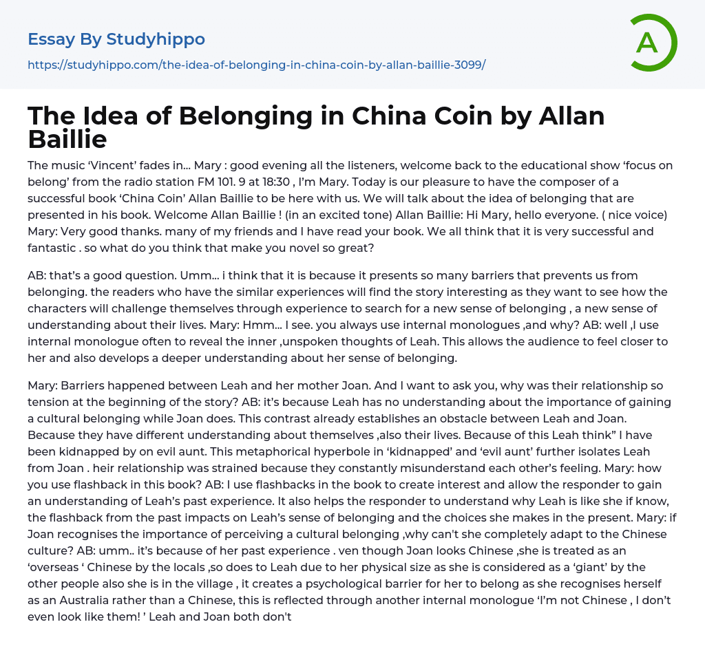 The Idea of Belonging in China Coin by Allan Baillie Essay Example