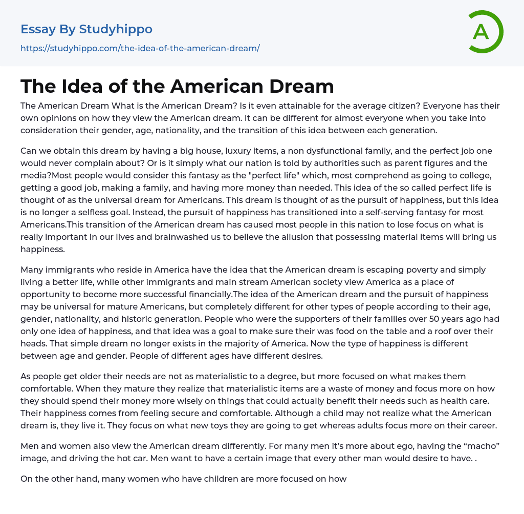 The Idea of the American Dream Essay Example