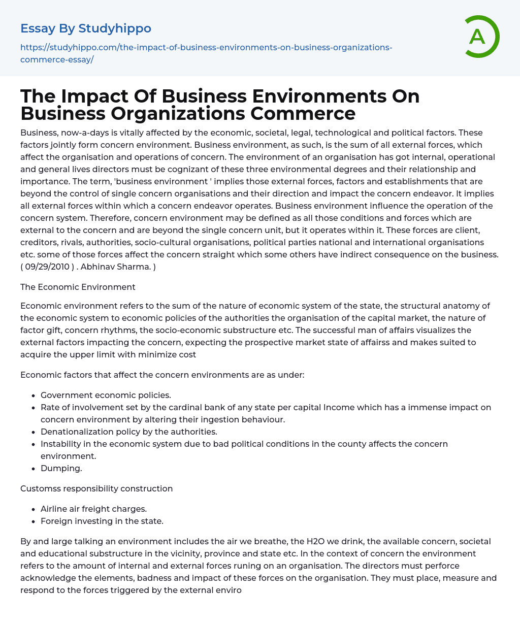 The Impact Of Business Environments On Business Organizations Commerce Essay Example