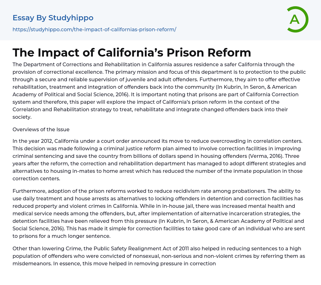 The Impact of California’s Prison Reform Essay Example