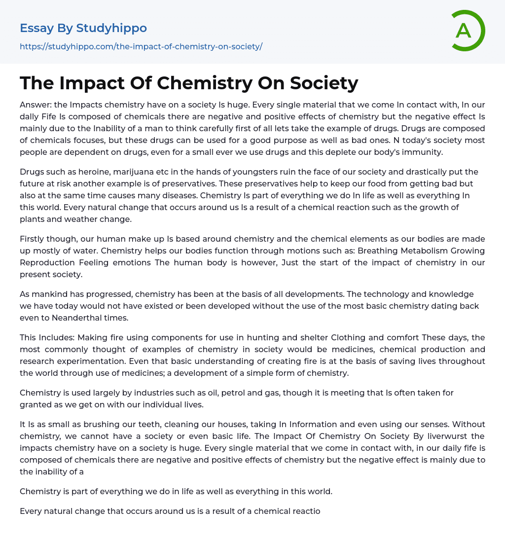 The Impact Of Chemistry On Society Essay Example