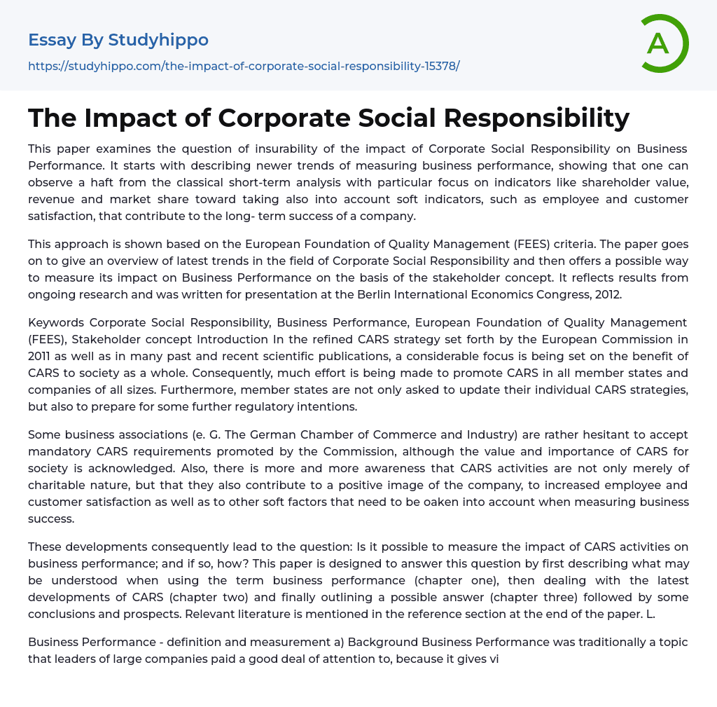 The Impact of Corporate Social Responsibility Essay Example