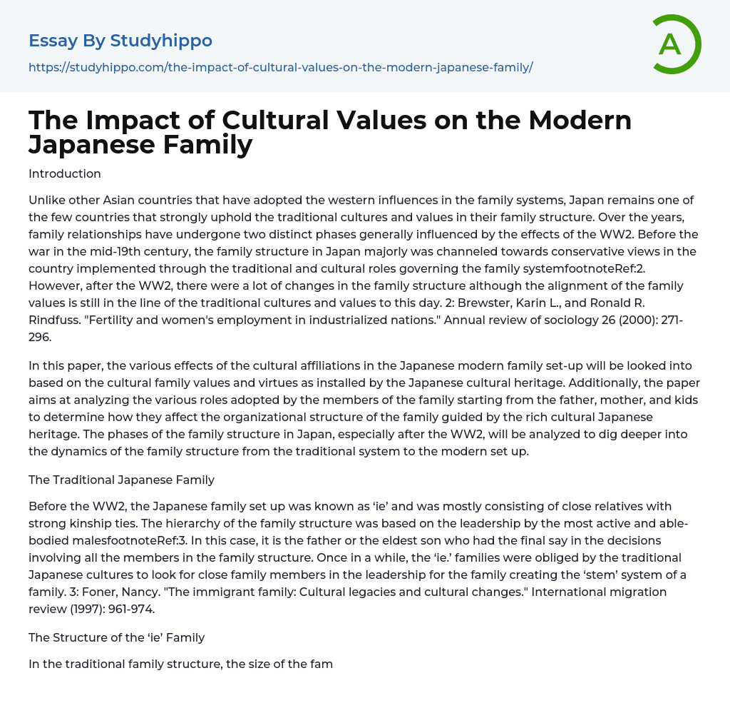 The Impact of Cultural Values on the Modern Japanese Family Essay Example