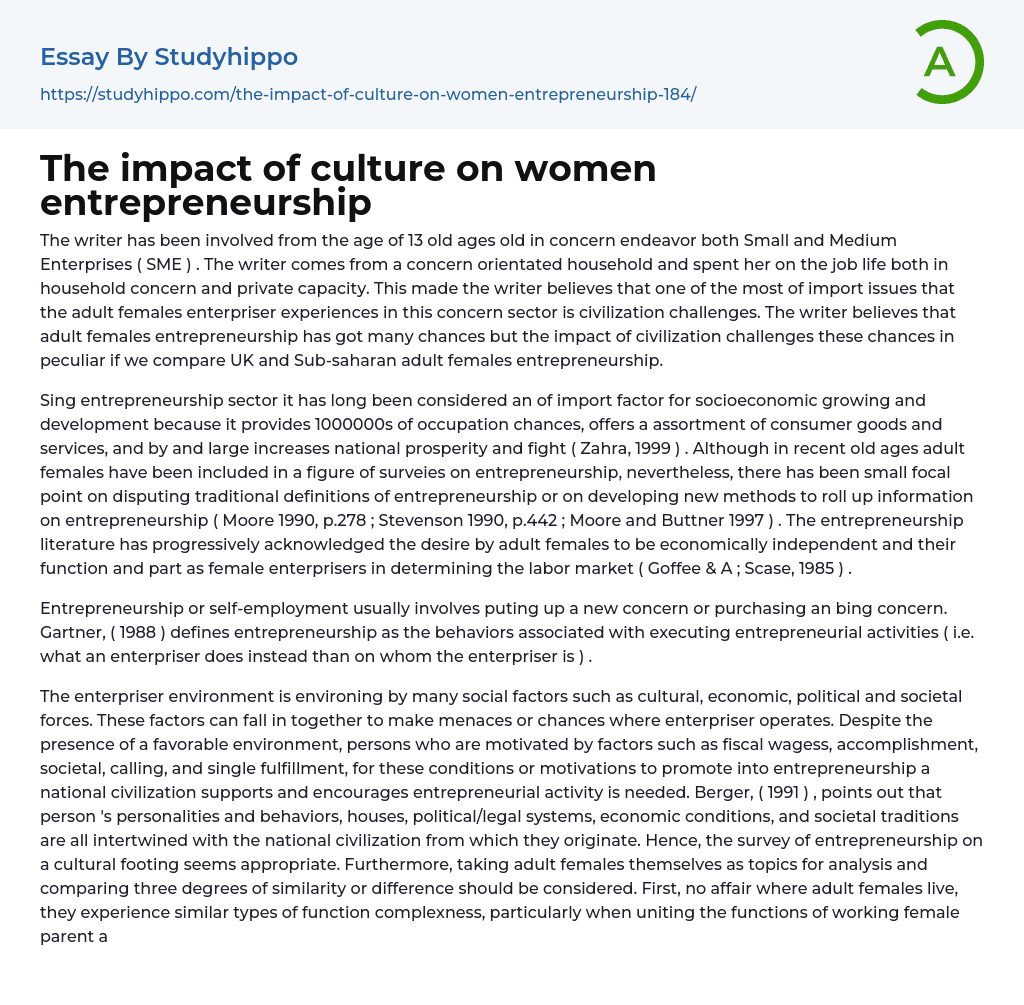 The impact of culture on women entrepreneurship Essay Example