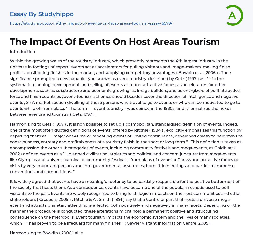 The Impact Of Events On Host Areas Tourism Essay Example