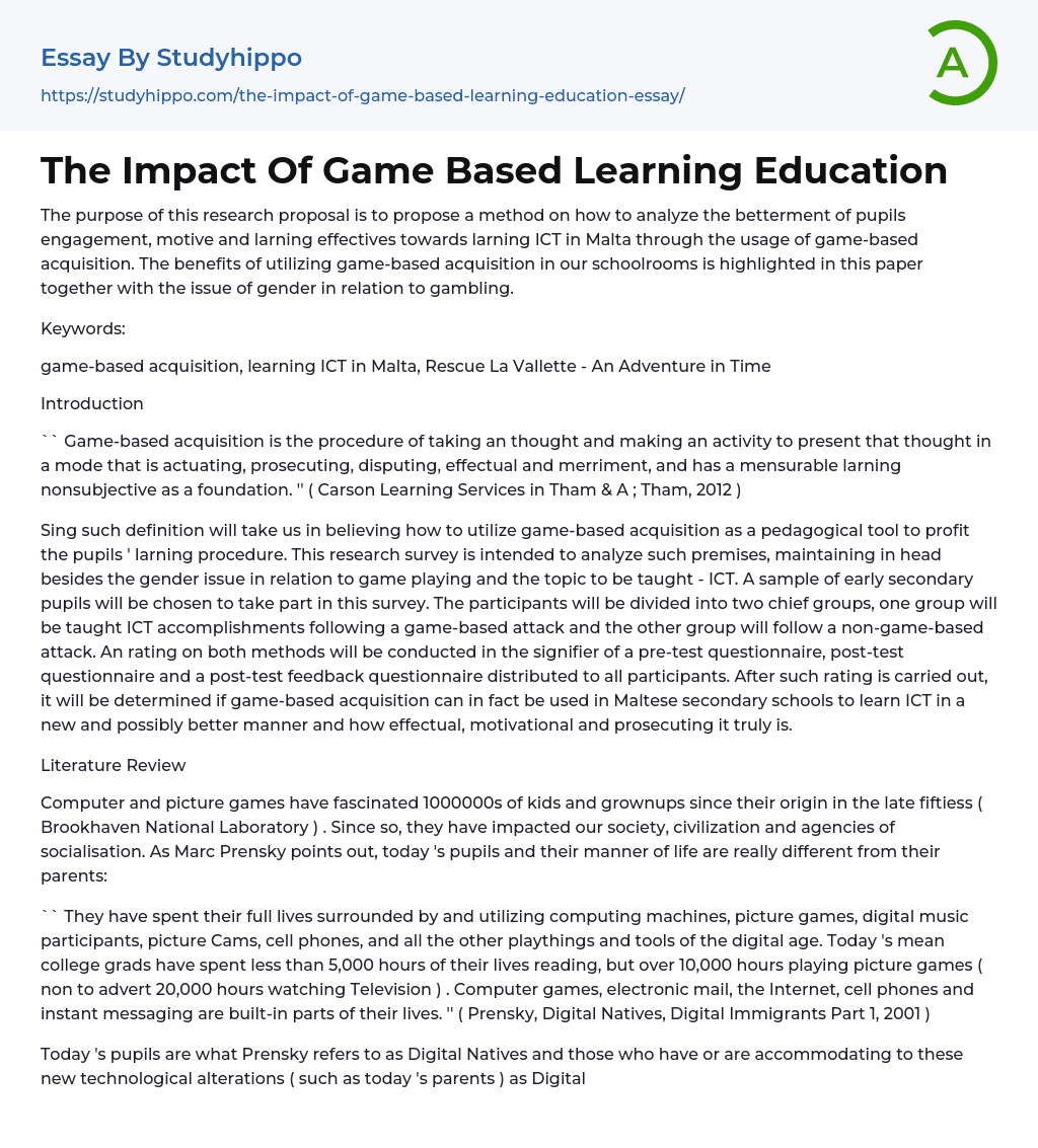 The Impact Of Game Based Learning Education Essay Example