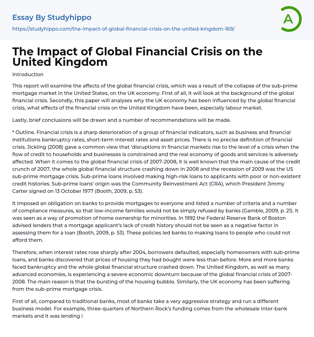 The Impact of Global Financial Crisis on the United Kingdom Essay Example
