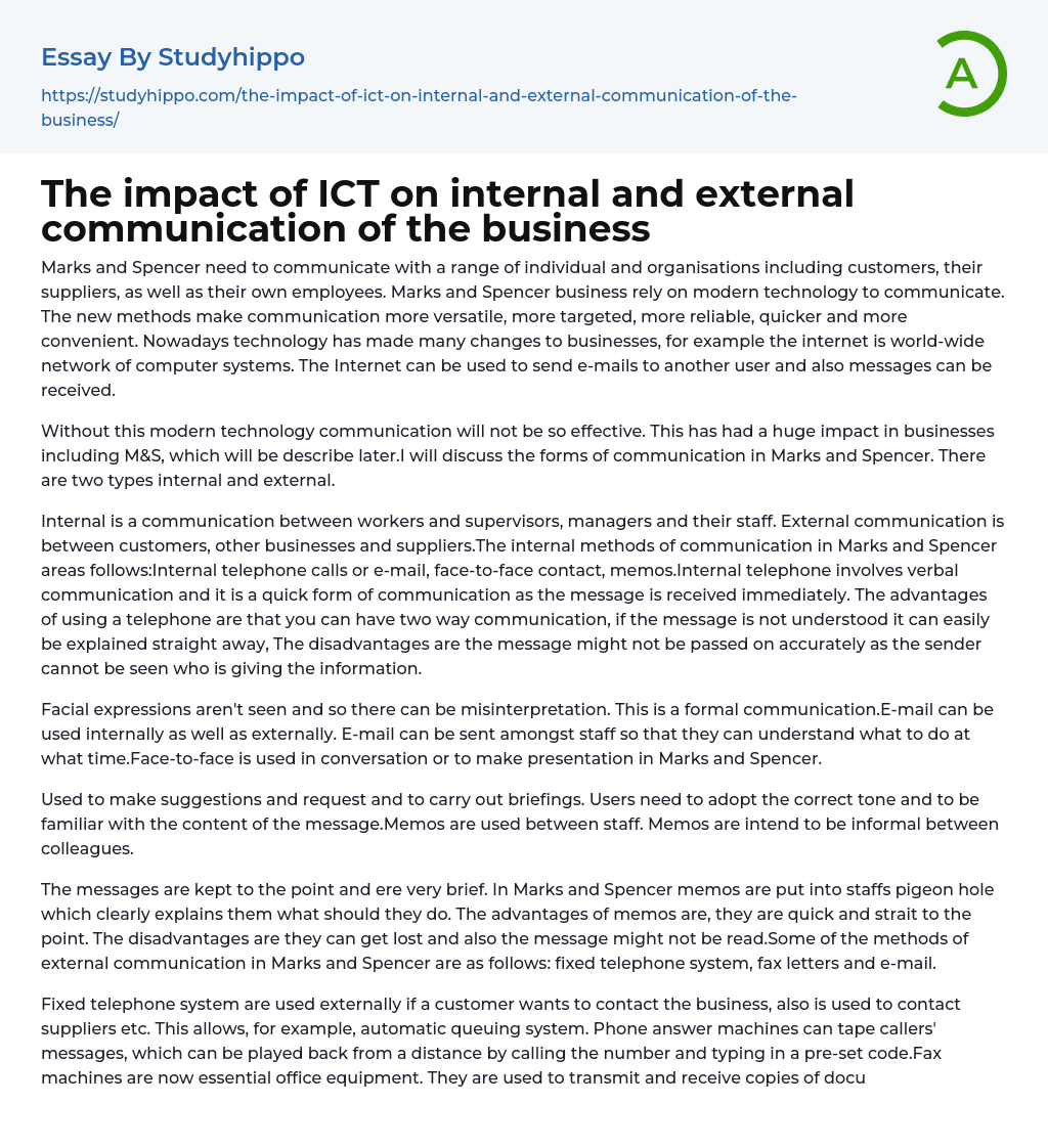 The impact of ICT on internal and external communication of the business Essay Example