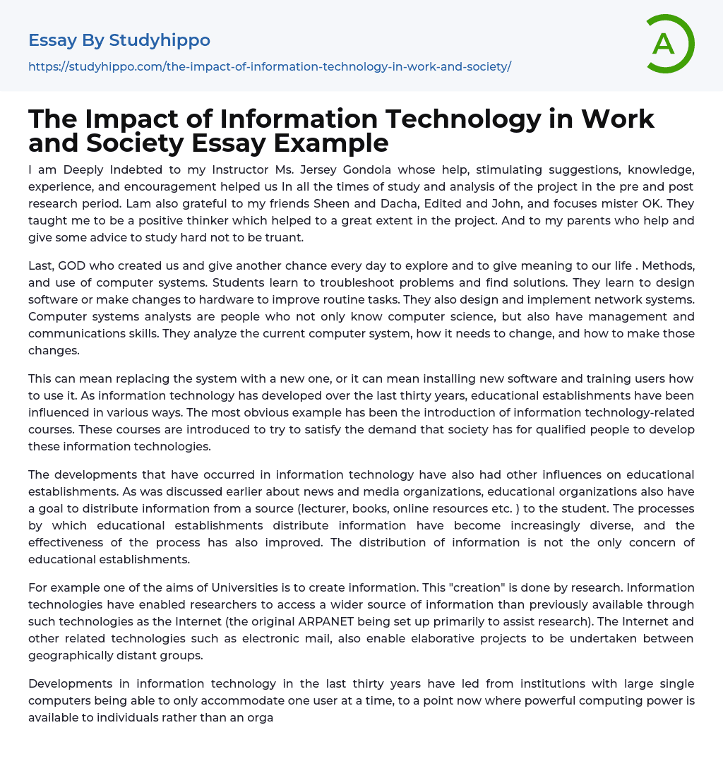 The Impact of Information Technology in Work and Society Essay Example