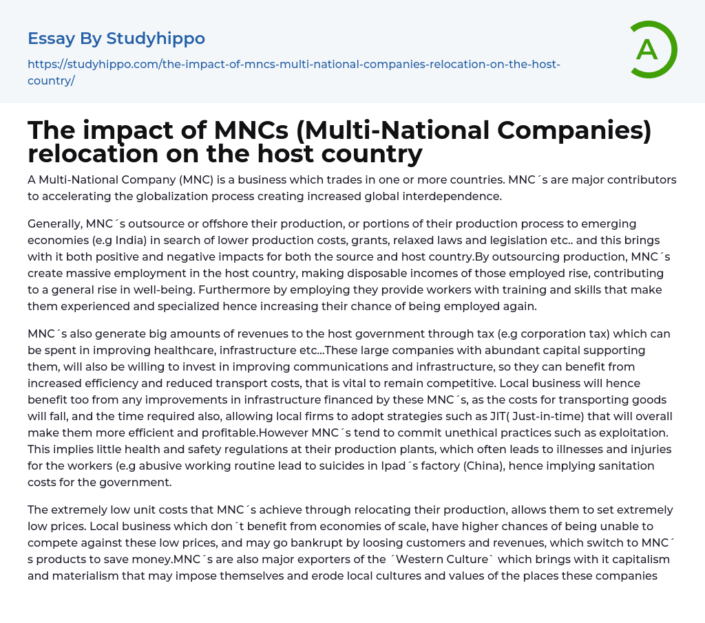 The impact of MNCs (Multi-National Companies) relocation on the host country Essay Example