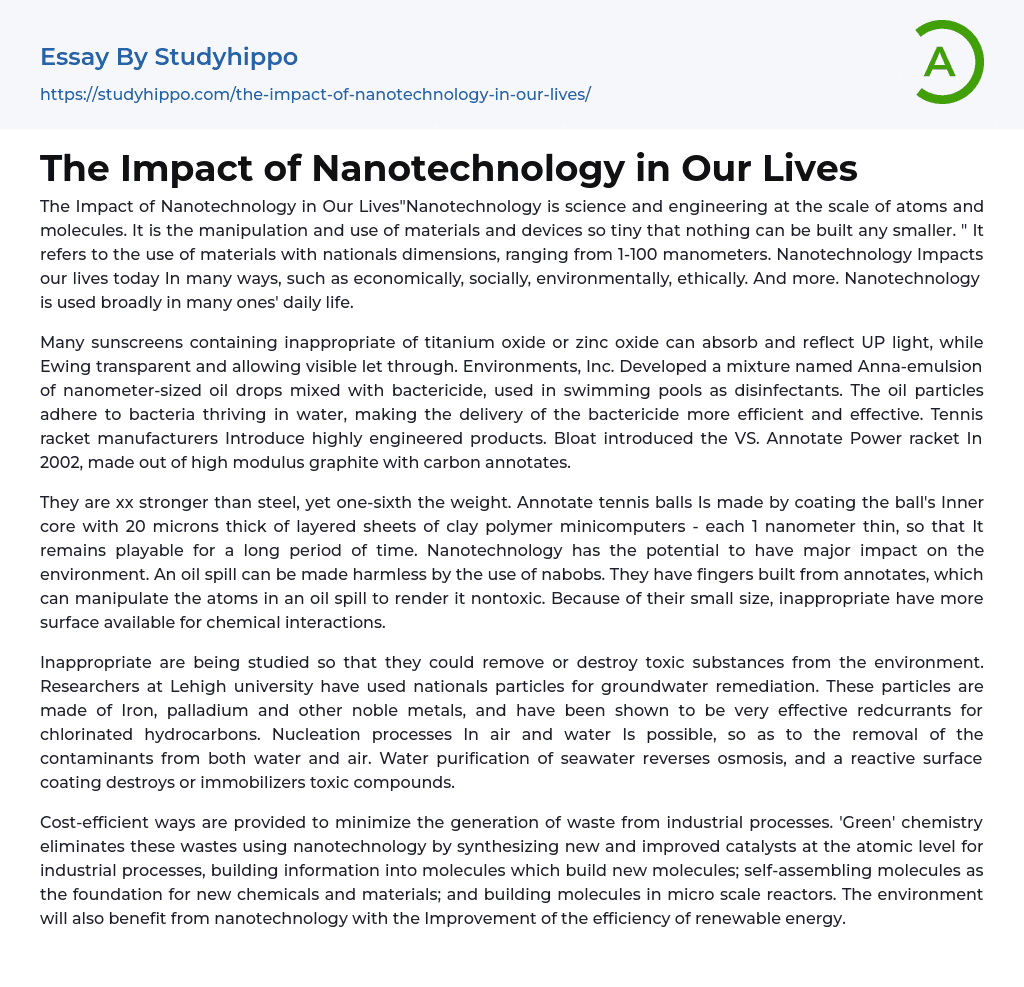 The Impact of Nanotechnology in Our Lives Essay Example