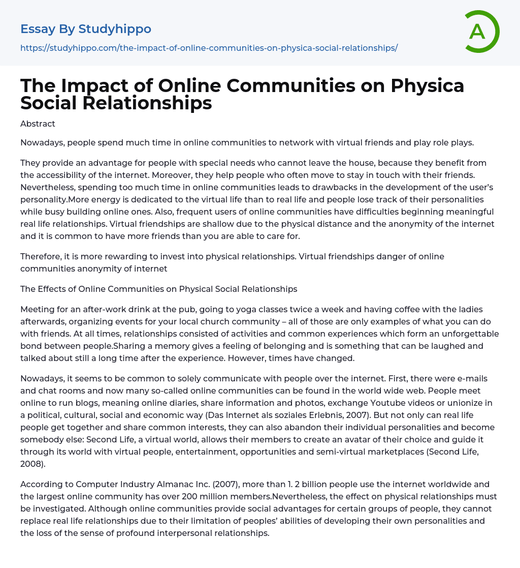 The Impact of Online Communities on Physica Social Relationships Essay Example
