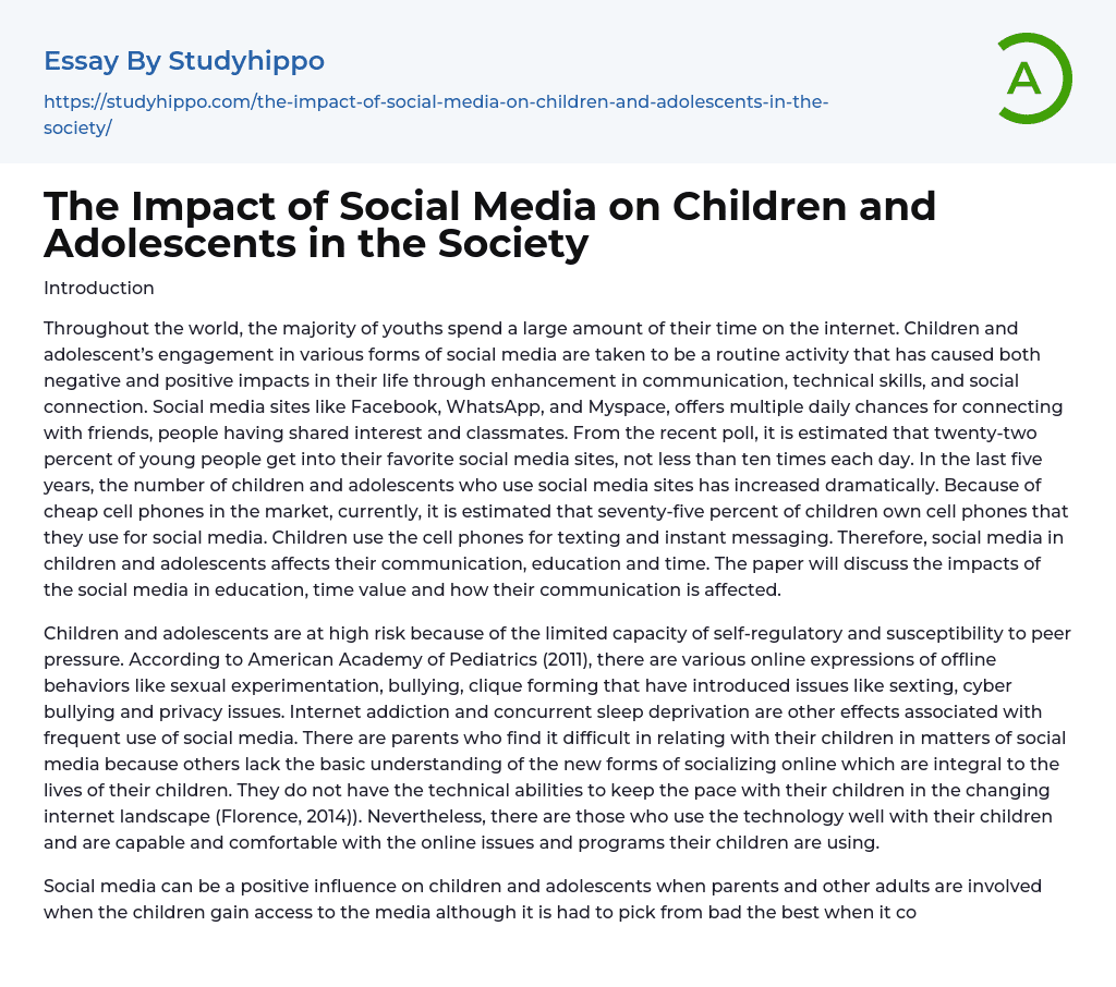 The Impact of Social Media on Children and Adolescents in the Society Essay Example