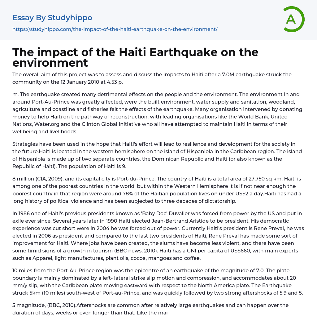 The impact of the Haiti Earthquake on the environment Essay Example