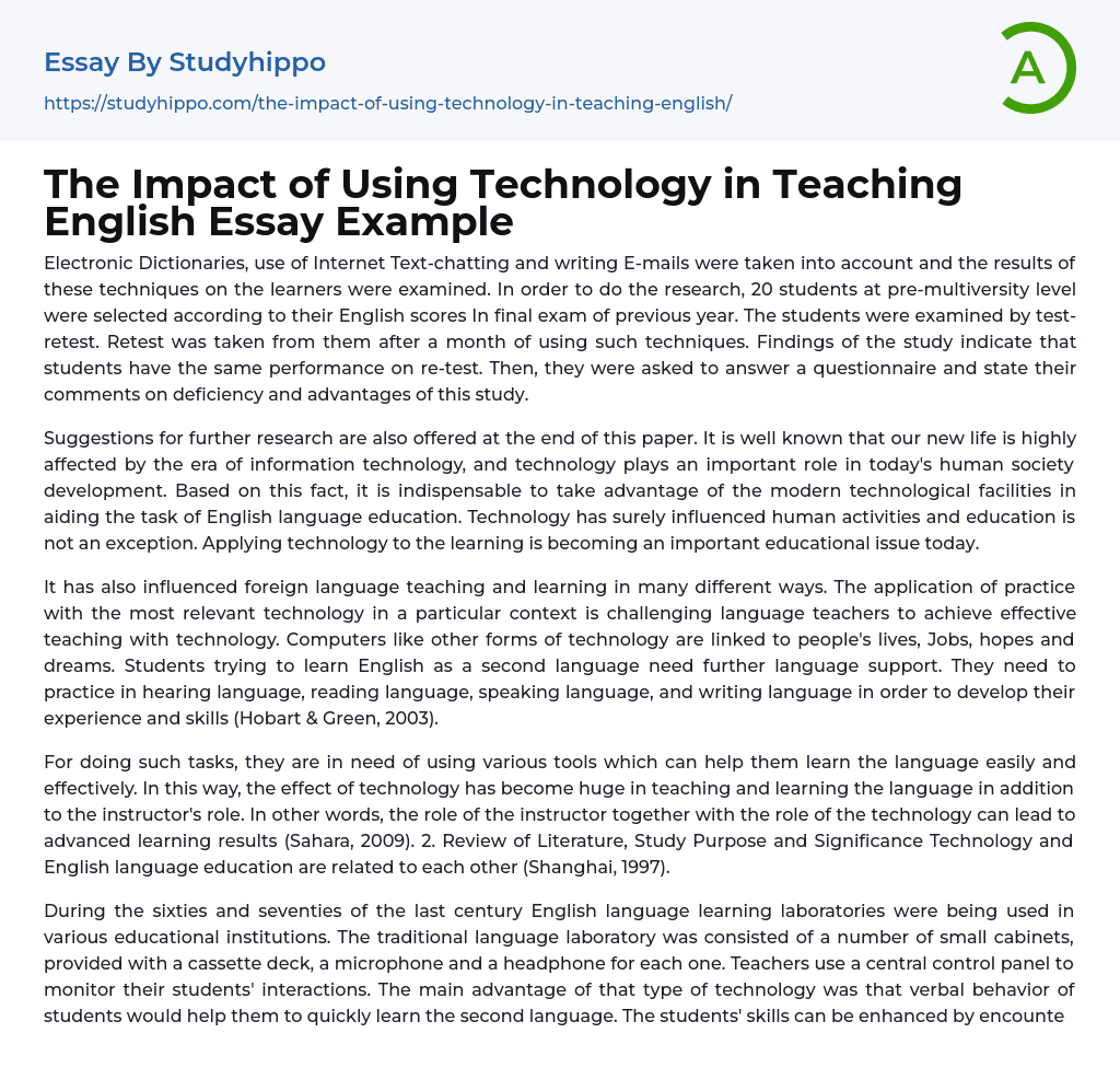 The Impact of Using Technology in Teaching English Essay Example