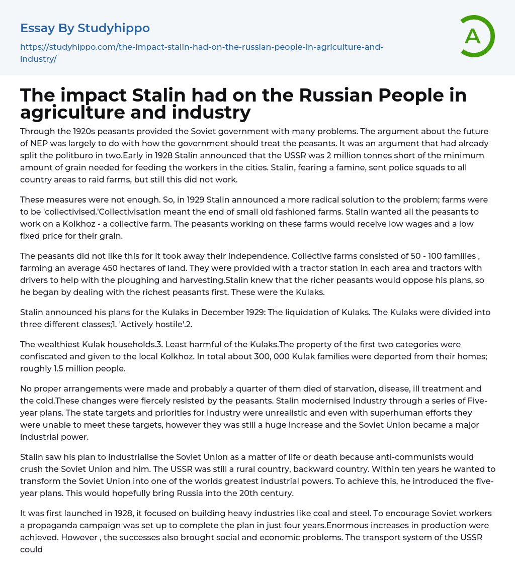 The impact Stalin had on the Russian People in agriculture and industry Essay Example