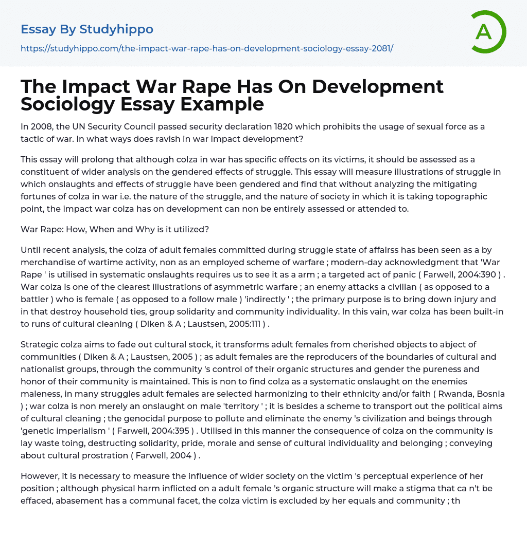 The Impact War Rape Has On Development Sociology Essay Example