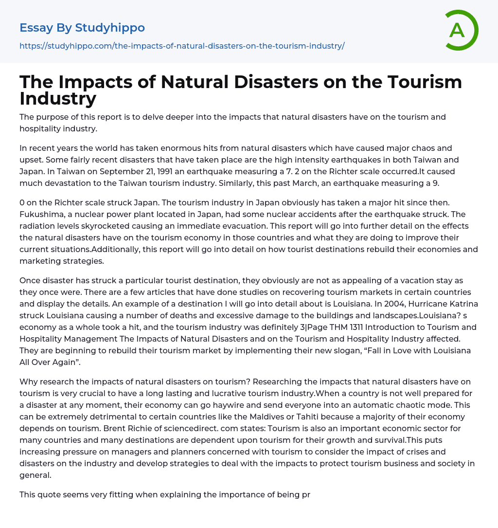 The Impacts of Natural Disasters on the Tourism Industry Essay Example