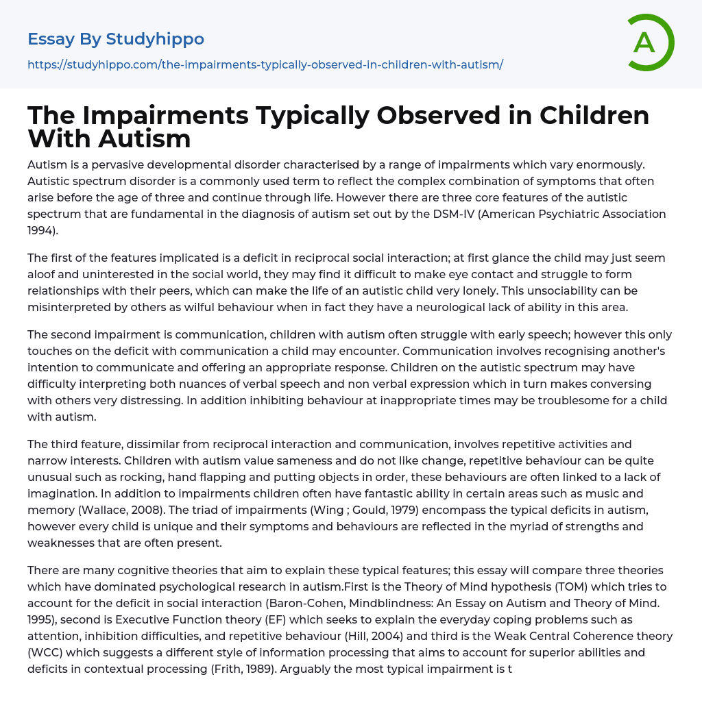 The Impairments Typically Observed in Children With Autism Essay Example