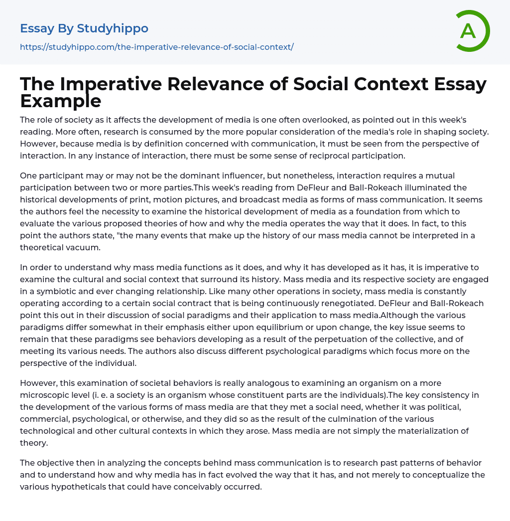 The Imperative Relevance of Social Context Essay Example