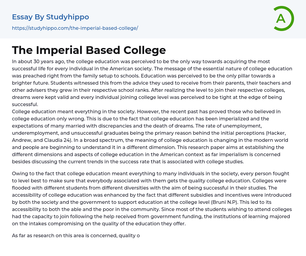 The Imperial Based College Essay Example
