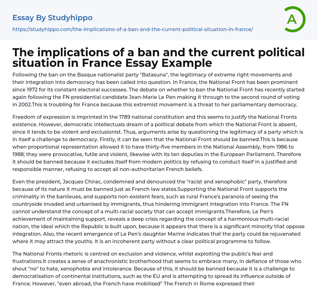 The implications of a ban and the current political situation in France Essay Example