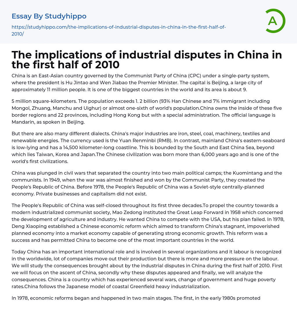 The implications of industrial disputes in China in the first half of 2010 Essay Example