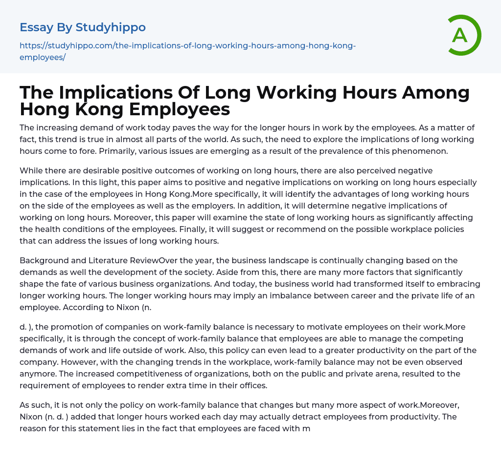 The Implications Of Long Working Hours Among Hong Kong Employees Essay Example