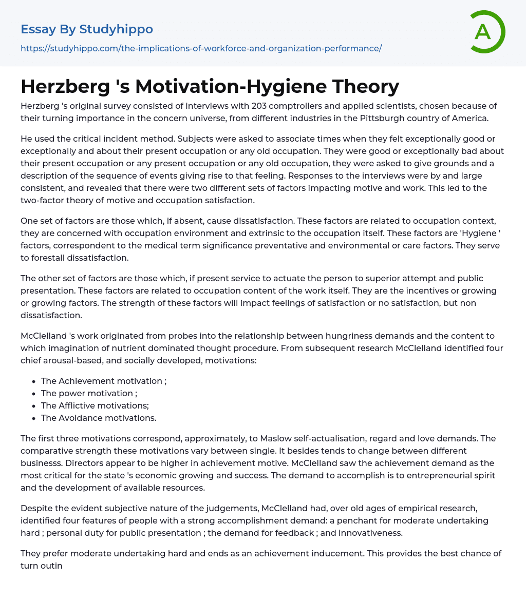 Herzberg ‘s Motivation-Hygiene Theory Essay Example