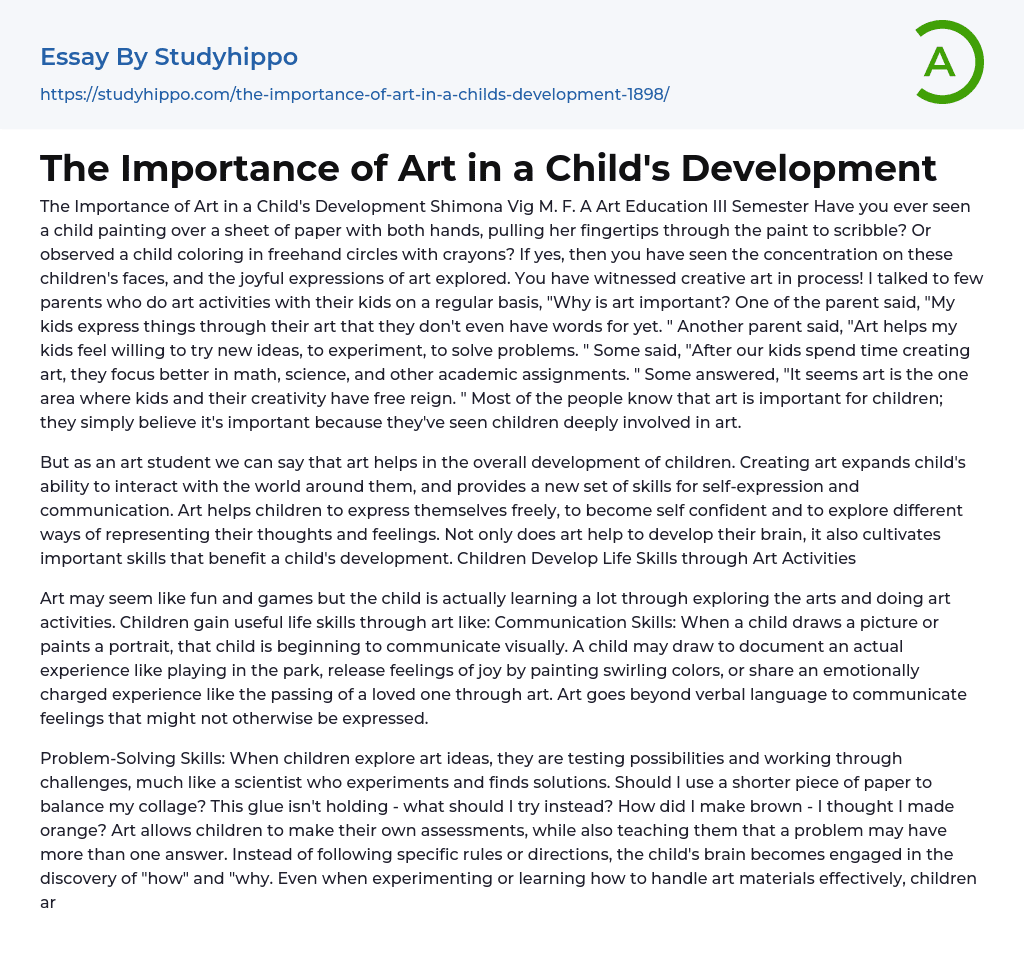 The Importance of Art in a Child’s Development Essay Example