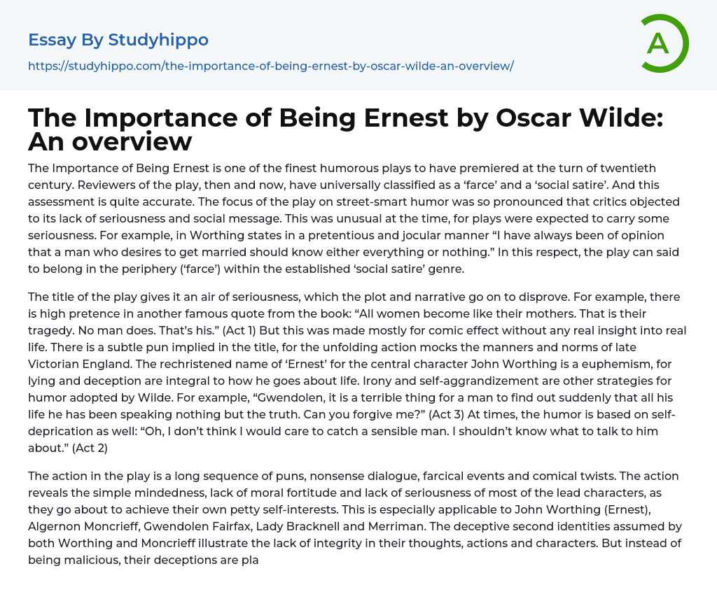 The Importance of Being Ernest by Oscar Wilde: An overview Essay Example