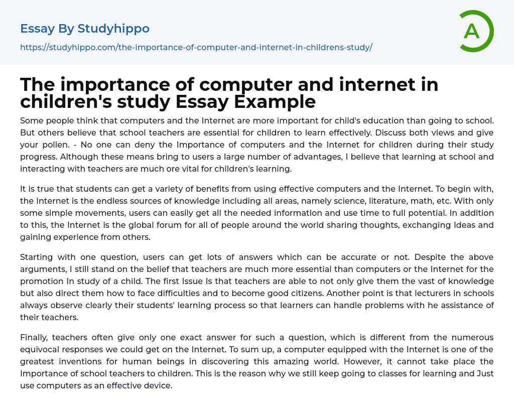 The importance of computer and internet in children’s study Essay Example