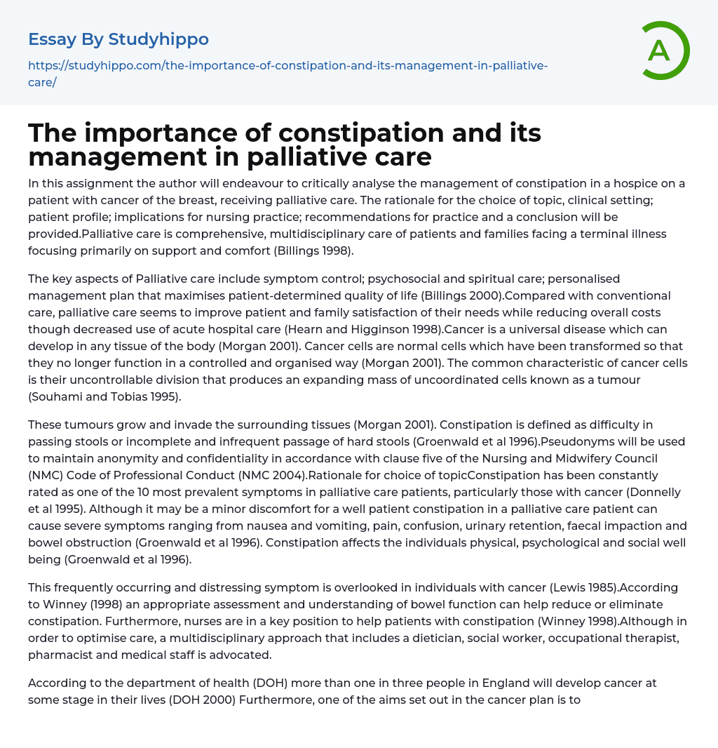 The importance of constipation and its management in palliative care Essay Example