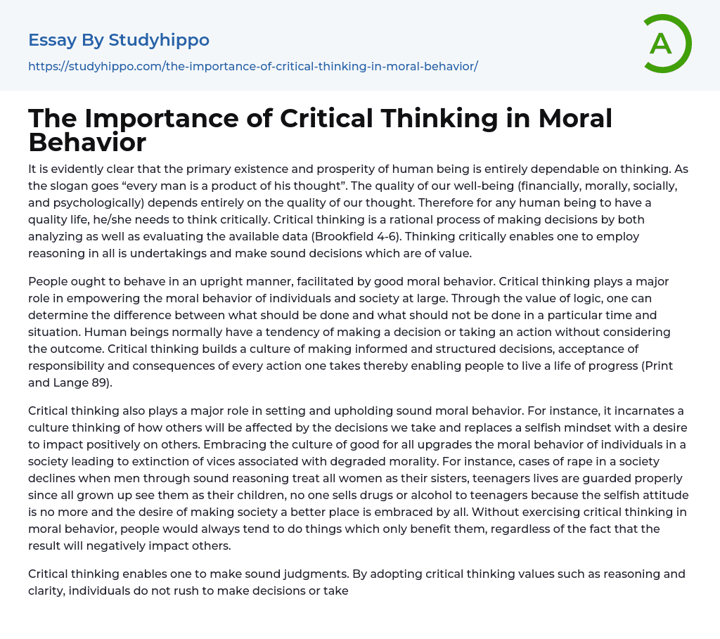 The Importance of Critical Thinking in Moral Behavior Essay Example